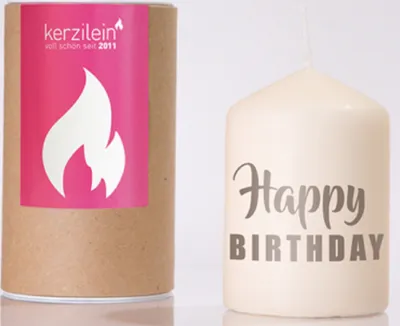 Produktbild von KERZILEIN 8cm Kerze HAPPY BIRTHDAY Flämmchen Deko klein Spruch Sprüche weiß grau