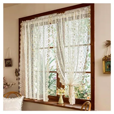 Produktbild von Scheibengardinen im Landhausstil mit Stickerei, Bistrogardine mit Pflaumenblütenmuster, Voile Spitzengardine, Transparent, Französischer Stil, Küchengardine, 2 Stück, 100x140 cm, Beige