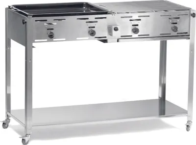 Produktbild von Grill-Master Quattro - Chromstahl Rahmen und Abtropfschale. Geeignet für Propangas mit vier einzelnen einstellbaren Brennern ausgestattet. Inkl. 2 vernickelten Rosten und einer emmailierten Grillplatte (590x480 mm). Mit Thermoelement, elek