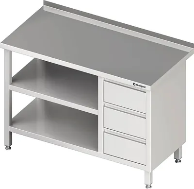 Produktbild von Arbeitstisch mit Grund- und Zwischenboden, 2700x700x850 mm, mit 3er Schubladenblock rechts, mit Aufkantung, verschweißt