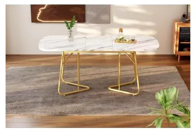 Produktbild von Weißer Ausziehbarer Esstisch 140/180x80 cm Marmoroptik mit goldenen Metallbeinen