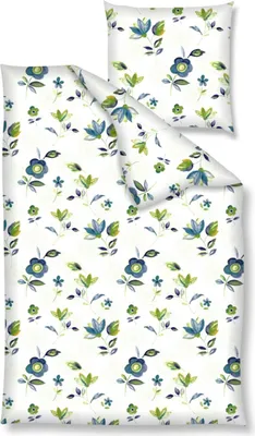A flat lay of a floral patterned duvet cover and pillowcase set on a white background.