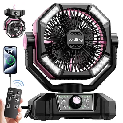 Produktbild von Camping Ventilator 20000mAh mit LED-Laterne - Tragbarer Tischventilator - 4 LED-Licht - 8 Stufen - Oszillierend - Wiederaufladbarer Akku - Fernbedienung - Rosa