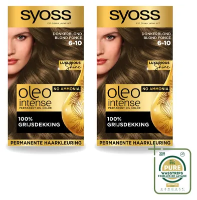Immagine prodotto di 2 confezioni di tinta permanente per capelli Syoss Oleo Intense 6-10, colore castano scuro, confezione da 2 pezzi