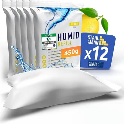Produktbild von STAHLMANN® Luftentfeuchter Nachfüllpack [12 x 450 g] Granulat mit Zitronenduft, für nachfüllbare Entfeuchter-Boxen, ohne Strom gegen Feuchtigkeit in Keller, Schrank und Wohnmobil,  Europe
