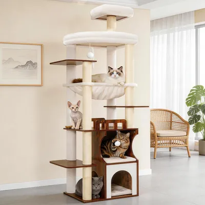 Image de Solidchoice - Arbre à chat en bois avec plusieurs plateformes et un hamac