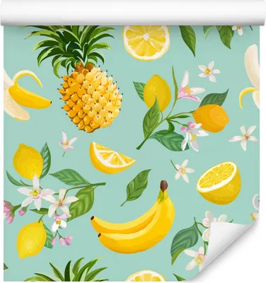Zdjęcie produktu dla Tapeta Do Kuchni Egzotyczne OWOCE Ananas Kwiaty Abstrakcja z modnym efektem 3D