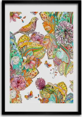 Produktbild von Bild - Bilderrahmen - Foto - 70 cm x 100 cm - MDF - Rahmen - Wandkunst - Vögel Schmetterlinge Blumen