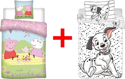 Produktbild von Kinderbettwäsche Peppa Wutz und 101 Dalmatiner 100 x 135 Bettdecke + 40 x 60 cm Kopfkissen, 100% Baumwolle für Babys, Kinder, 2er Geschenk-Set