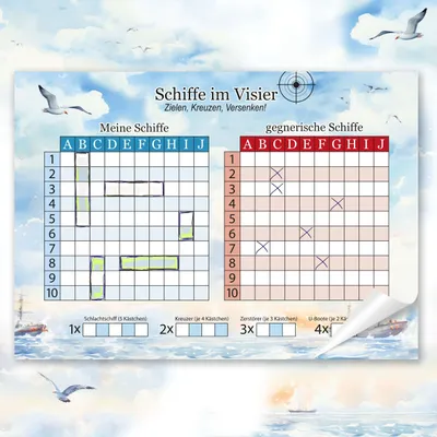 Produktbild von Schiffe versenken Spiel - A4 Block mit 50 Blatt: Das Klassiker Spiel im Frischen Design | Extra Große Schrift für Senioren | Spiel 2 Personen