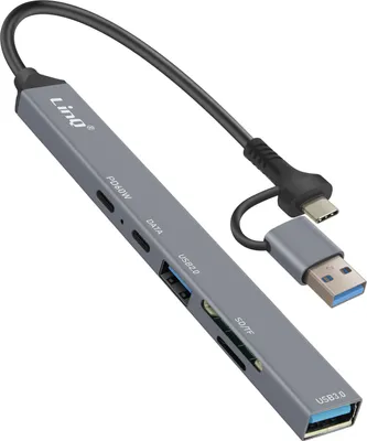Obrázok produktu pre LinQ, USB rozbočovač s OTG a Power Delivery 60W + čítačka kariet SD/TF, sivá