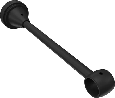 A black curtain rod bracket with a connecting rod, shown against a white background.
