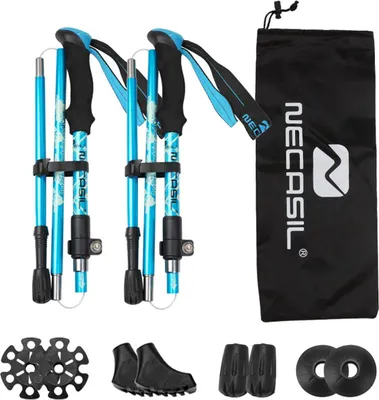 Produktbild von Trekkingstöcke Nordic Walking Stöcke Faltbar Verstellbar 110-125cm Wanderstöcke mit 4 Paar Gummipuffers für Trekking Blau
