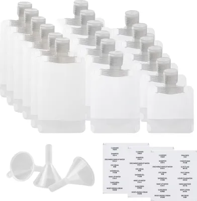 Produktbild von 18 Stück leere Quetschbeutel in tragbarer Reisegröße für Lotion, Shampoo, Gesichtscreme, Quetschbeutel, mit Etiketten und Trichter (30 ml, 50 ml, 100 ml)