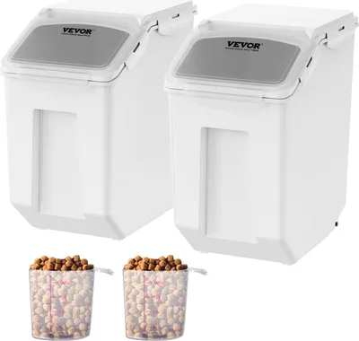 Two white storage containers with gray lids are shown side-by-side, with two measuring cups filled with pet food in the foreground.