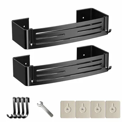 Produktbild von Selbstklebender Duschorganizer, 2 Stück, 32,5 cm Aluminium-Badregale ohne Bohren, mit 4 Haken, Schwarz