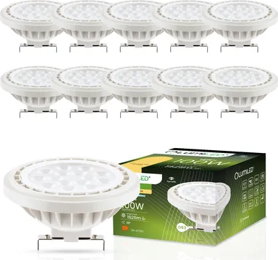 A group of white LED light bulbs and a product box are displayed against a white background.