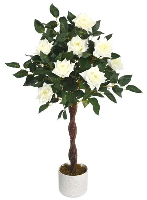 Image de Arbre de roses artificiel - Plante en pot de 90 cm - Fleurs de roses blanches réalistes - Décoration d'intérieur facile d'entretien - Idéal pour le salon et le bureau - 1 pièce