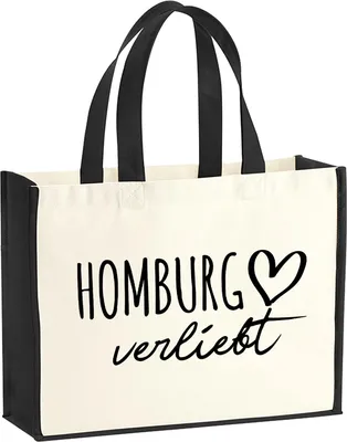 Produktbild von Huuraa Jutetasche Homburg verliebt 21 Liter Black Jute und Baumwolle Einkaufstasche Geschenkidee