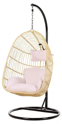 Produktbild von Hängekorbsessel aus Rattan mit schwarzem Gestell und beigem Kissen