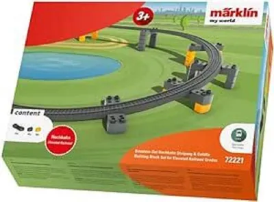 A product box for a Märklin my world train track building set, showing a depiction of the assembled track over a landscape with a pond.