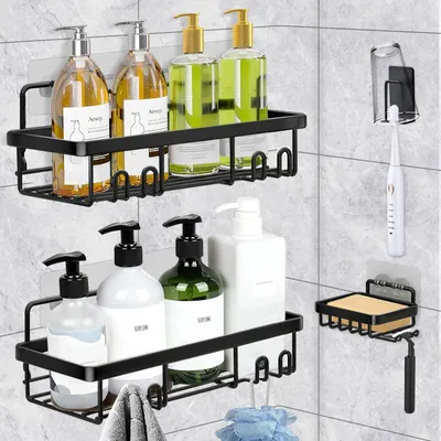 Produktbild von 4-in-1 Badezimmer-Duschregal mit Seifenablage Selbstklebend Schwarz