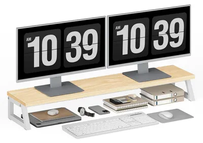 Obrázek produktu pro Stojan na monitory pro 2 monitory, podstavec pro monitor, police na stůl, barva bílá a přírodní, rozměry 100 x 24 x 12,5 cm