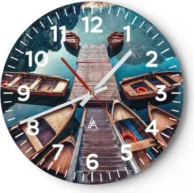 Produktbild von Wanduhr - Rund - Glasuhr - Berge Boot Wasser - 40x40cm - Schleichendes Uhrwerk - Lautlos - zum Aufhängen bereit - Dekoration Modern - Wanddekoration aus Glas - C4AR40x40-3971