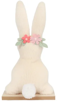 Zdjęcie produktu dla ZAJĄCZEK ZAJĄC FUTERKOWY KRÓLIK WIELKANOCNY NA DREWNIANEJ PODSTAWIE z dekoracją 25 CM