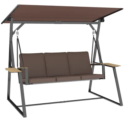 Produktbild von Gartenschaukel 3-Sitzer, Metall, 222x131x175 cm, 360 kg, Braun – verstellbares Sonnendach UV50+, 2 Seitentische, inkl. Kissen