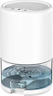 A white cylindrical dehumidifier with a clear water reservoir.