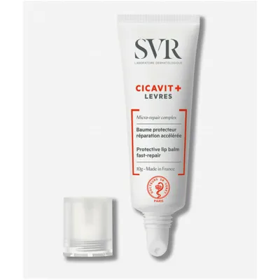 A white tube of SVR Cicavit+ Levres protective lip balm with its cap off, placed next to it on a white background.