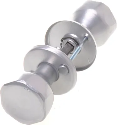 A silver-colored door knob set with a rosette is shown against a white background.