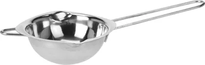 A stainless steel double boiler insert with a handle, shown against a white background.