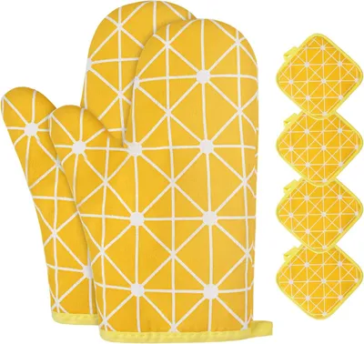 Produktbild von Ofenhandschuhe und Topflappen Set, Hitzebeständiger Baumwolle, 6-teilig, Gelb, für Kochen