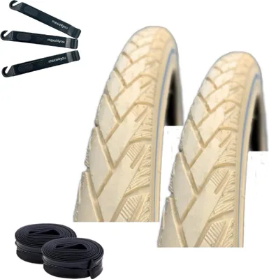 Produktbild von 2 x Rexway "Mencos" Pannenschutz Fahrradreifen Creme mit Reflex 37-622 (28 x 1 5/8 x 1 3/8) + 2 passende Schläuche DV inkl. maxxi4you Reifenheber