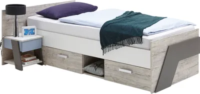 Produktbild von Jugendbett Set mit Nachttisch LEEDS-10 in Sandeiche Nb. mit weiß, Lava und Denim Blau, 90x200cm