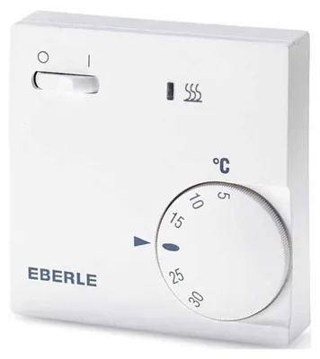 Productafbeelding van Eberle ruimtethermostaat, instelbaar van 5-30°C, 230V AC, 1 contact (schakelaar), 10A, aan/uit functie, verwarmingsindicator, met temperatuurafwijking van ongeveer 5K, 1 stuk.