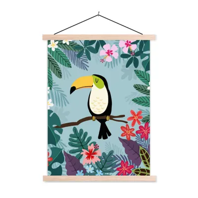 Produktbild von MuchoWow® Textilposter Tukan - Pflanzen - Kinder - Tiere - Kinder 120x160 cm mit holzfarbenen Rahmen - Plakatkarton