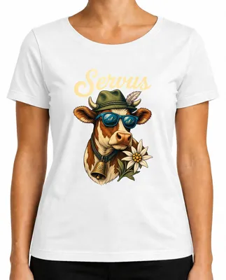 Productafbeelding van Servus Kuh Edelweiß zonnebril, traditioneel shirt van Beieren, lederen broek, dames T-shirt, wit, maat M