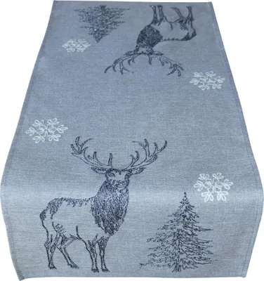 Produktbild von 40x85 cm Tischläufer grau mit Hirsch-Deko und Tannenbaum Stickerei