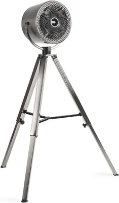 A silver fan on a tripod stand against a white background.