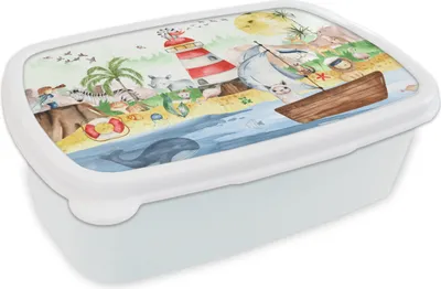 Produktbild von KitchenYeah® Lunchbox Brotzeit Brotdose 17x11 cm Strand - Tiere - Kinder - Leuchtturm - Jungen Kinder Brotzeitdose - Lunch Box - Kinder - Sandwich-Box - Schulbox - Lunch Boxen
