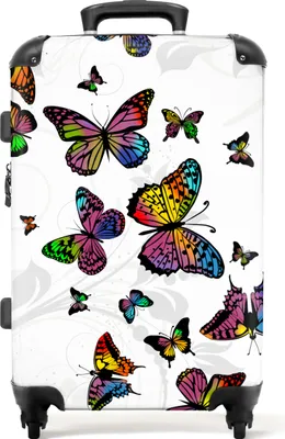 Produktbild von NoBoringSuitcases.com Hartschalen Koffer Mittelgroß 67x43x25 cm, 72L, Drucke für Frauen: Weiß - Bunter Schmetterling, Reisekoffer mit 4 Rollen