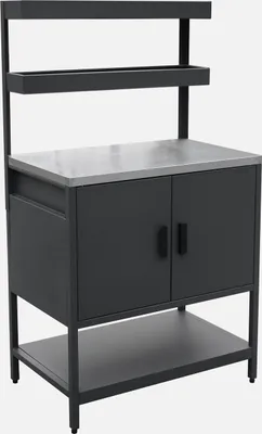 A black outdoor kitchen unit with a stainless steel top and shelves.