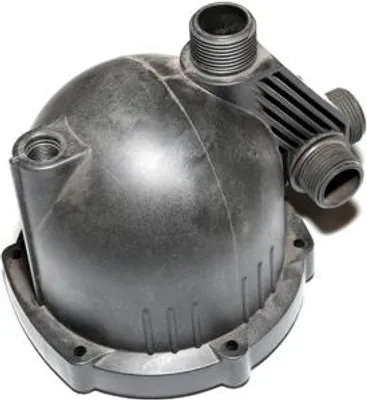 A black plastic pump cover with threaded connectors, isolated on a white background.