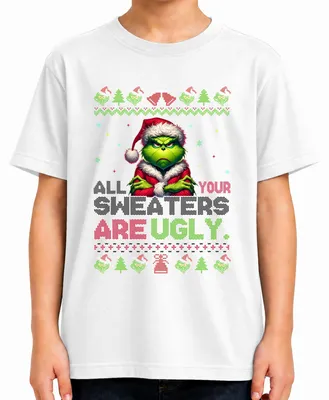 Immagine prodotto di T-shirt con scritta "Tutti i tuoi maglioni sono brutti", tema Grinch, Natale, Babbo Natale, Natale, per bambini, colore bianco, taglia 152