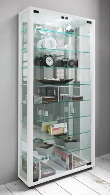 Produktbild von VCM Glasvitrine stehend | Vitrine Glas mit ESG-Sicherheitsglas | Maße ca. H. 115 x B. 59 x T. 18 cm | Standvitrine Glas | Modern und platzsparend | Glas Vitrinenschrank – Lumo Maxi Spiegel
