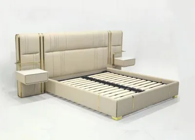 Produktbild von Beiges Schlafzimmer Doppelbett mit großem Kopfteil Designer Holz Betten