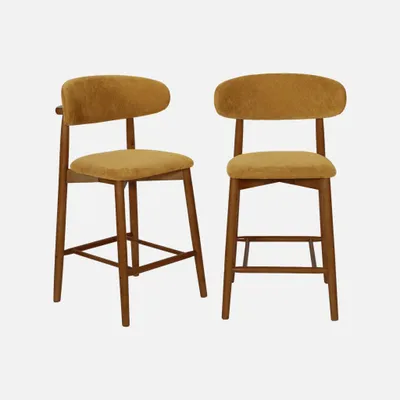 Immagine prodotto di Set di 2 Sgabelli da bar in legno di hevea noce e tessuto chenille , Noce